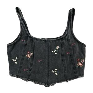 Banjara Black Denim Crop Top Corset Style Floral Embroidered Festival Boho Zip